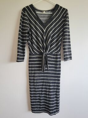 Monteau Black & White Striped V-Neck Tie-Front Midi Dress